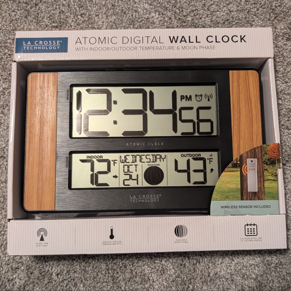 NIB Black and Brown Atomic Digital Wall Clock.